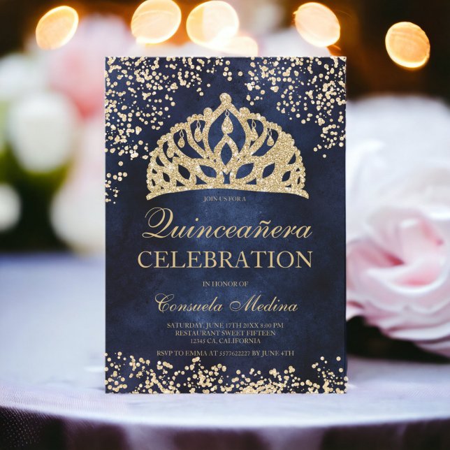 Invitación purpurina de oro foto azul marino tiara Quinceañer (gold glitter navy blue photo tiara Quinceañera Invitation)