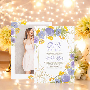 Invitación Purpurina de oro foto de color morado amarillo flo