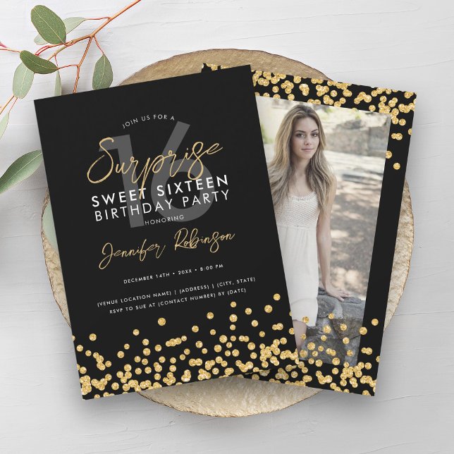 Invitación Purpurina de oro Foto de Confetti Sorpresa Dulce 1 (Gold Glitter Confetti Photo Surprise Sweet 16 Invitation)