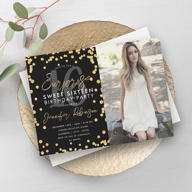 Invitación Purpurina de oro Foto de Confetti Sorpresa Dulce 1 (Gold Glitter Confetti Photo Surprise Sweet 16 Invitation)