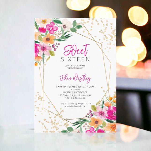 Invitación Purpurina de oro foto de ilustracion floral Sweet  (Gold glitter floral illustration photo Sweet 16 Invitation)