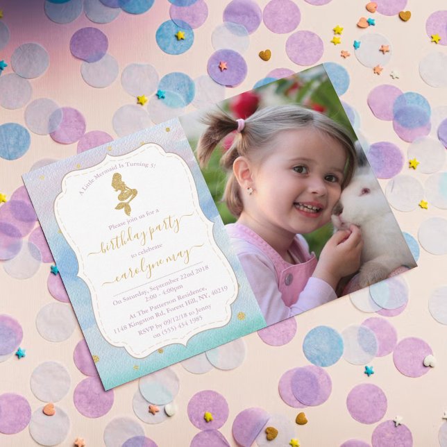 Invitación Purpurina de oro foto de sirena cualquier cumpleañ (Subido por el creador)
