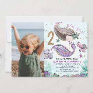 Invitación Purpurina de oro, foto de sirena morada, segundo c