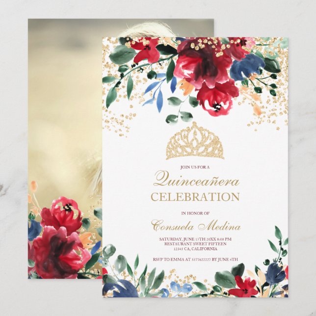 Invitación purpurina de oro foto de tiara Quinceañera (Anverso / Reverso)