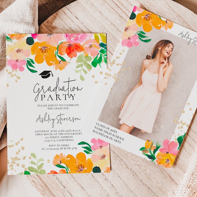 Invitación Purpurina de oro foto floral graduación botánica (Gold glitter floral photo botanical graduation invitation)