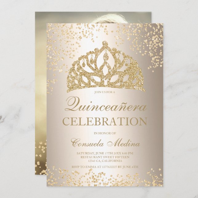 Invitación purpurina de oro foto metálica tiara Quinceañera (Anverso / Reverso)