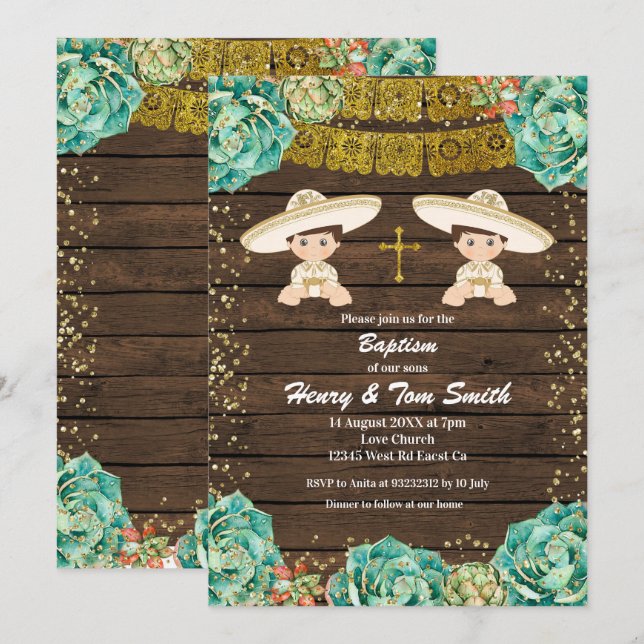 Invitación Purpurina de oro gemelo Fiesta Boy Baptism Christe (Anverso / Reverso)