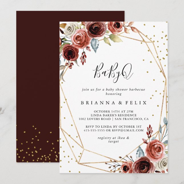 Invitación Purpurina de oro geométrico BabyQ Baby Shower Barb (Anverso / Reverso)