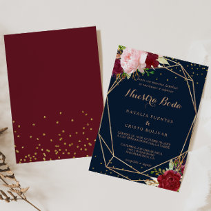 Invitación Purpurina de oro geométrico Boda español rojo
