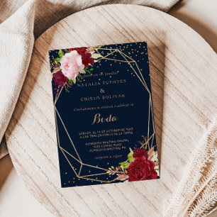 Invitación Purpurina de oro geométrico y Boda tropical rojo