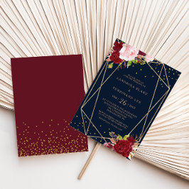 Invitación Purpurina de oro geométrico y Boda tropical rojo