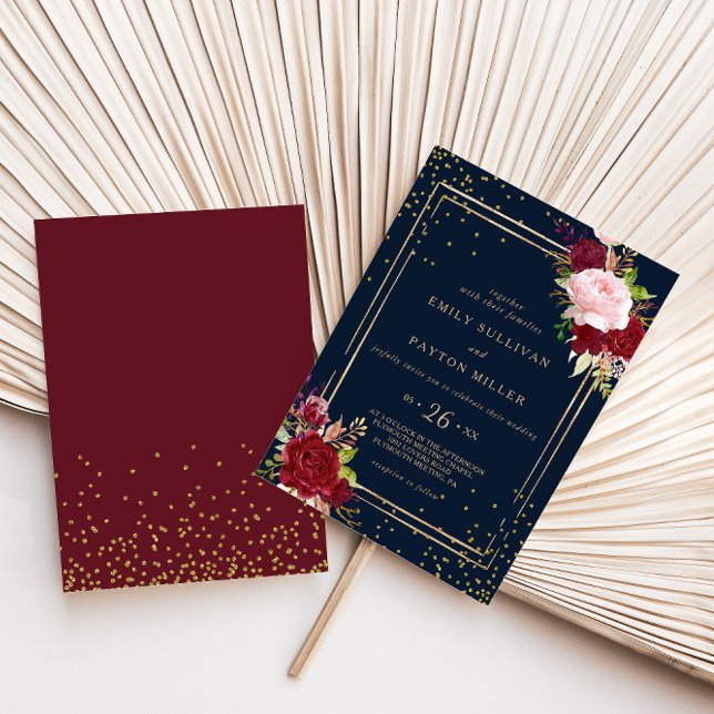 Invitación Purpurina de oro geométrico y Boda tropical rojo (Subido por el creador)
