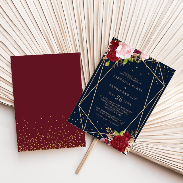 Invitación Purpurina de oro geométrico y Boda tropical rojo (Subido por el creador)