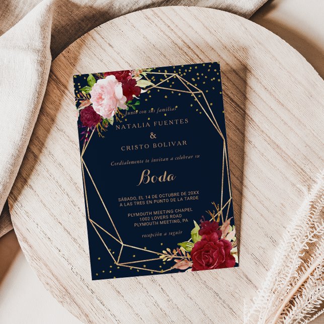 Invitación Purpurina de oro geométrico y Boda tropical rojo (Subido por el creador)