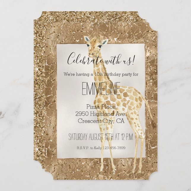 Invitación Purpurina de oro Giraffe Animal Print (Anverso / Reverso)