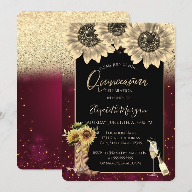 Invitación Purpurina de oro girasoles, Borgoña Quinceanera (Anverso / Reverso)