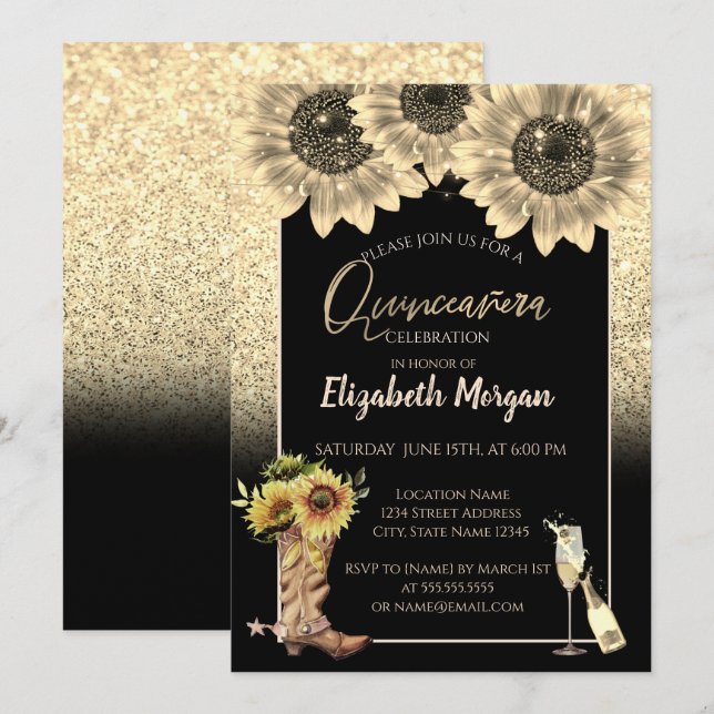 Invitación Purpurina de oro girasoles, quinceañera de cristal (Anverso / Reverso)