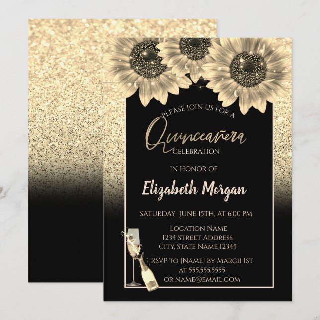 Invitación Purpurina de oro girasoles, vidrio de vino Quincea (Anverso / Reverso)