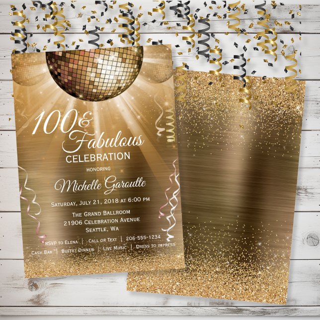 Invitación Purpurina de oro Glam 100 y Fabulous Disco Ball (Gold Glitter Glam 100 and Fabulous Disco Ball Invitation)