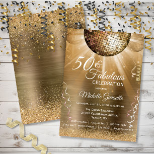 Invitación Purpurina de oro Glam 50 y Fabulous Disco Ball