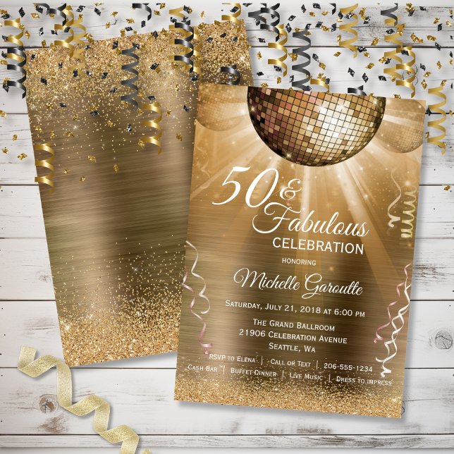 Invitación Purpurina de oro Glam 50 y Fabulous Disco Ball (Gold Glitter Glam 50 and Fabulous Disco Ball Invitation)