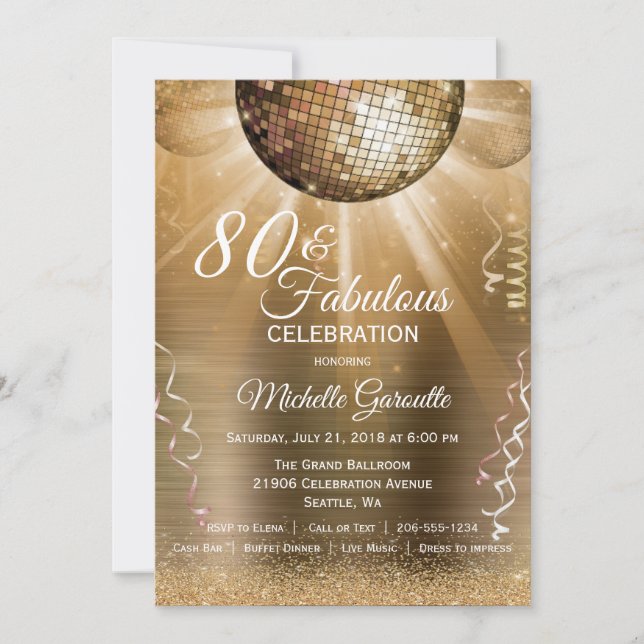 Invitación Purpurina de oro Glam 80 y Fabulous Disco Ball (Anverso)
