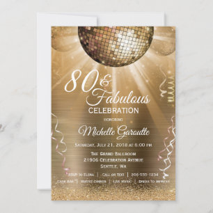Invitación Purpurina de oro Glam 80 y Fabulous Disco Ball