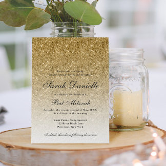 Invitación Purpurina de oro Glam Bat Mitzvah