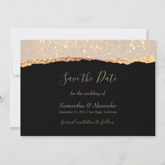Invitación Purpurina de oro Glam Black Save the Day card (Anverso)