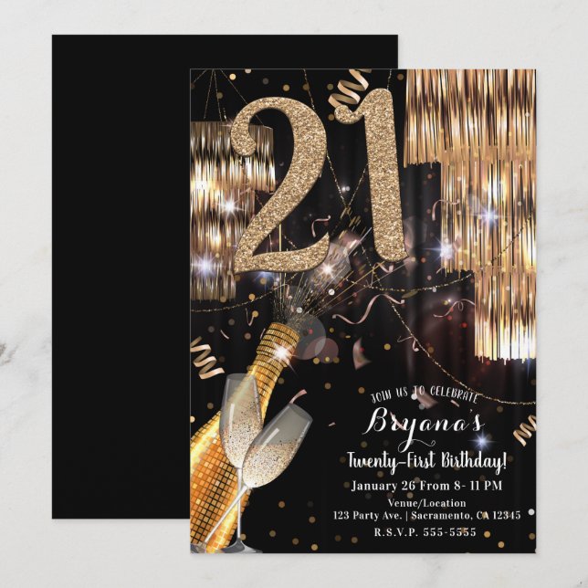 Invitación Purpurina de oro Glam Champagne Wine 21 cumpleaños (Anverso / Reverso)