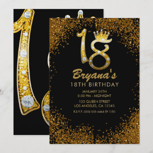 Invitación Purpurina de oro Glam Crown Diamond Bling 18.º 18