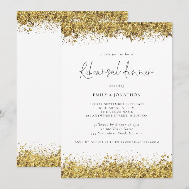 Invitación Purpurina de oro Glam ensayo Boda cena (Anverso / Reverso)