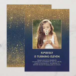 Invitación Purpurina de oro Glam Navy Foto de época de cumple