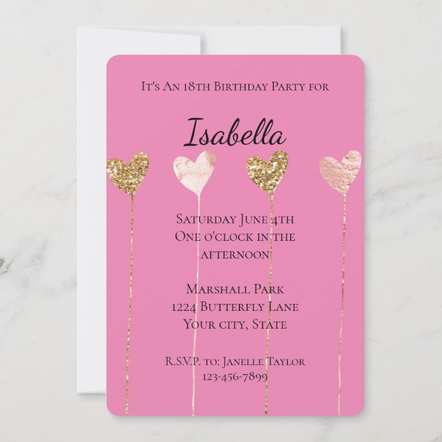 Invitación Purpurina de oro Glam Rosa Corazón Corazón Fiebre  (Reverso)