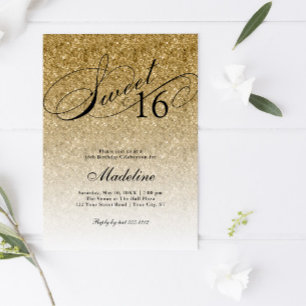 Invitación Purpurina de oro Glam Sweet 16