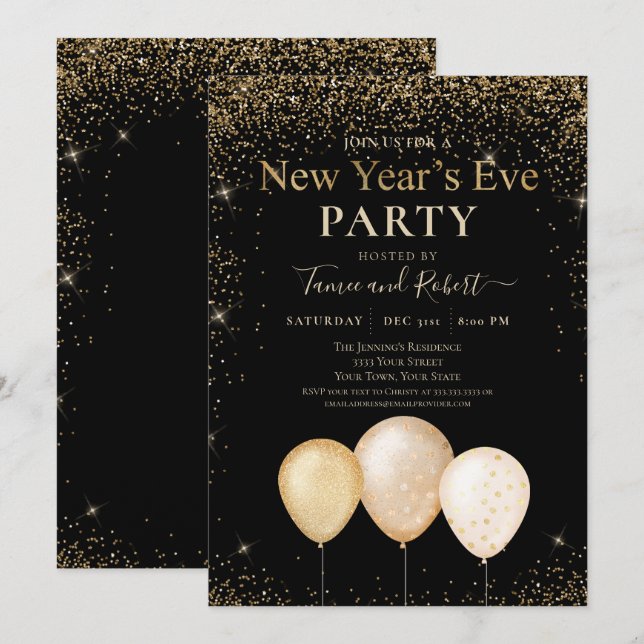 Invitación Purpurina de oro globa Fiesta de Nochevieja (Anverso / Reverso)