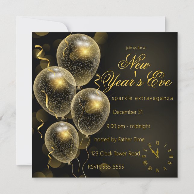 Invitación Purpurina de oro globa Fiesta de Nochevieja negro (Anverso)