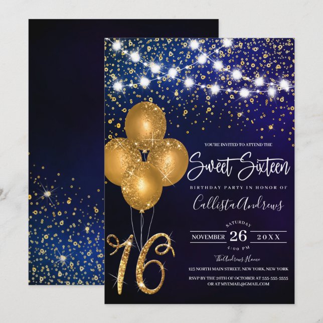 Invitación Purpurina de oro Globos de Confetti Luces Dulces 1 (Anverso / Reverso)