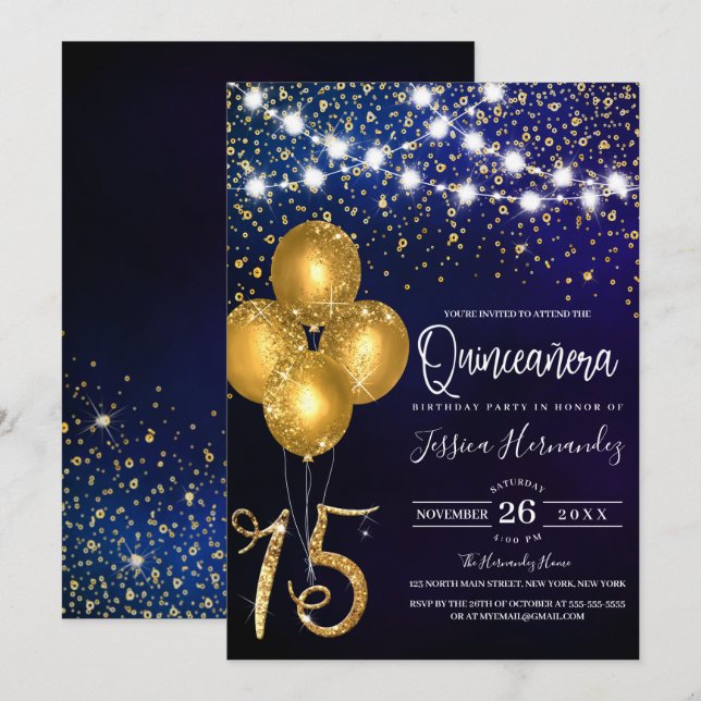Invitación Purpurina de oro Globos de Confetti Luces Quinceañ (Anverso / Reverso)