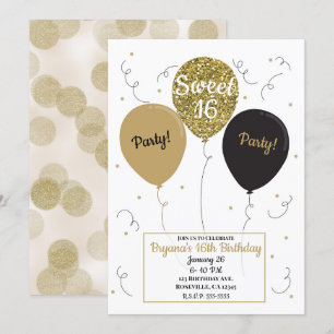 Invitación Purpurina de oro Globos Dulce fiesta de cumpleaños