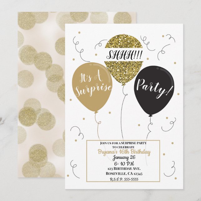 Invitación Purpurina de oro Globos Fiesta de cumpleaños sorpr (Anverso / Reverso)