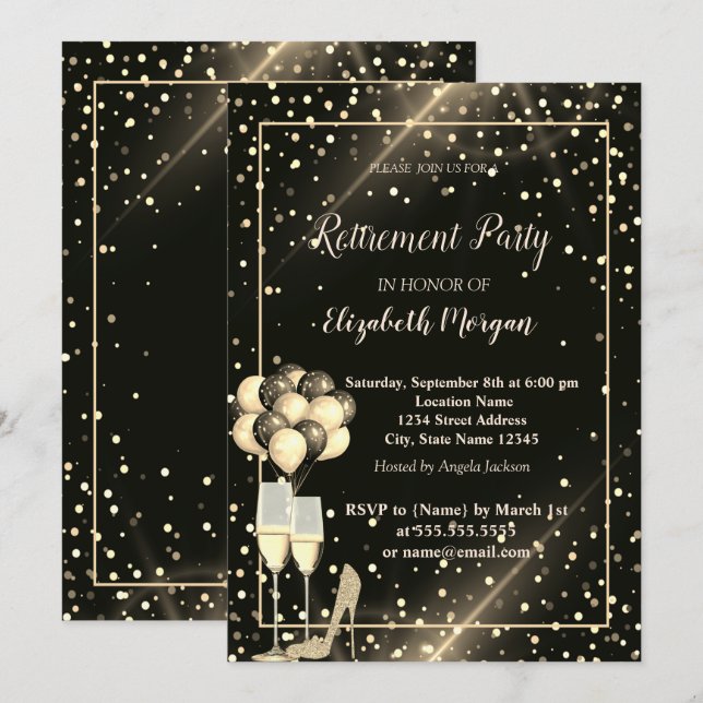 Invitación Purpurina de oro, globos, Fiesta de Jubilación de  (Anverso / Reverso)