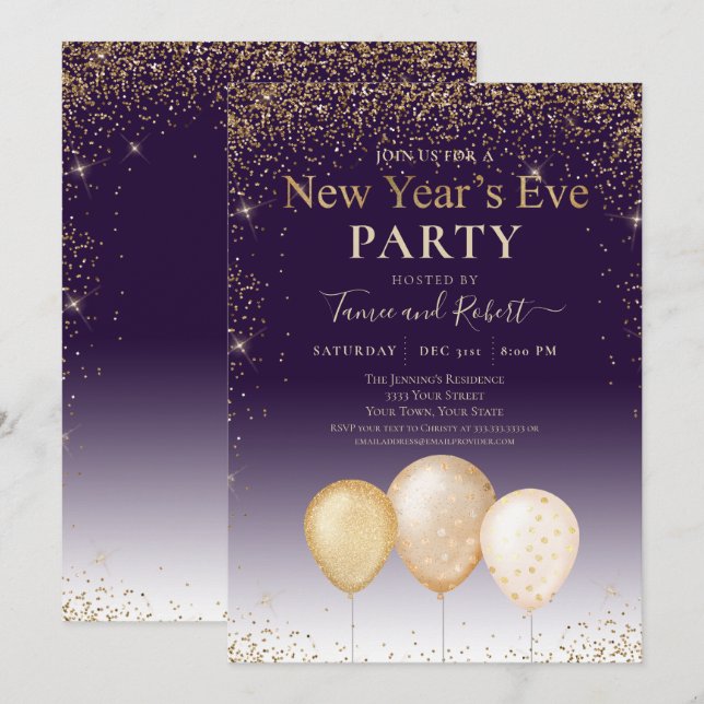 Invitación Purpurina de oro globos Fiesta de Nochevieja morad (Anverso / Reverso)