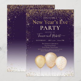 Invitación Purpurina de oro globos Fiesta de Nochevieja morad