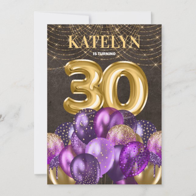 Invitación Purpurina de oro Globos morados 30 Fiesta de cumpl (Anverso)