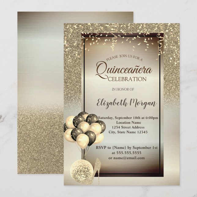 Invitación Purpurina de oro, globos, tacones altos Quinceaner (Anverso / Reverso)