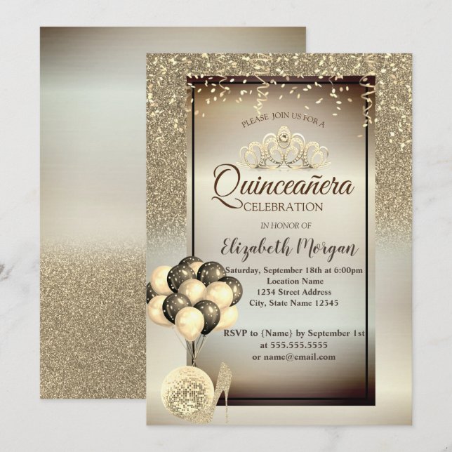Invitación Purpurina de oro, globos, talones altos, Tiara Qui (Anverso / Reverso)