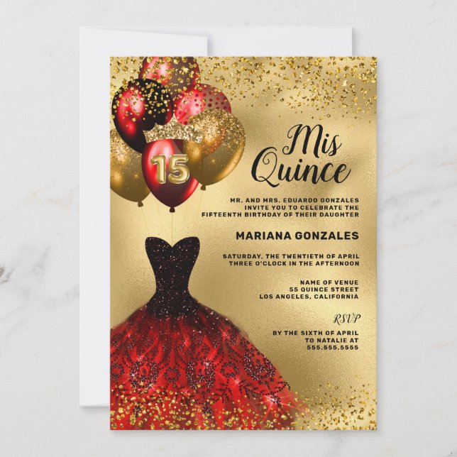 Invitación Purpurina de oro Globos Vestido de Borgoña Quincea (Anverso)