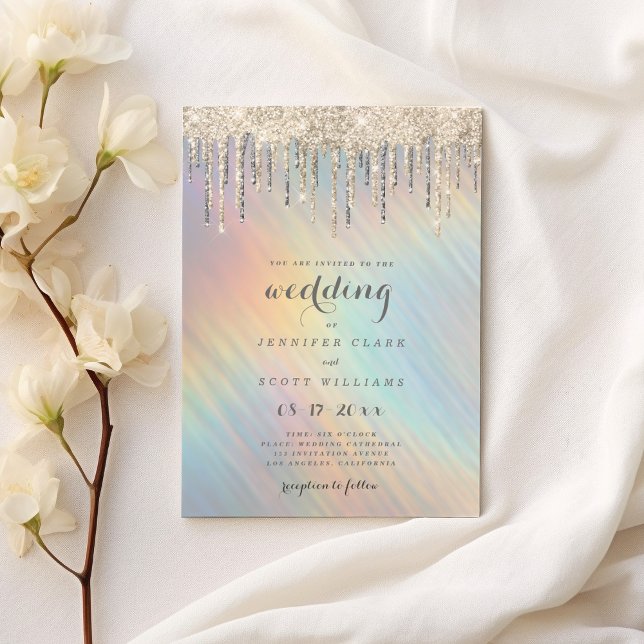 Invitación Purpurina de oro gotea Boda holográfico arcoiris (Gold Glitter Drips Rainbow Holographic Wedding )
