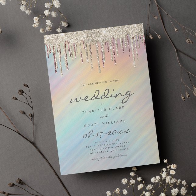 Invitación Purpurina de oro gotea Boda holográfico arcoiris (Gold Glitter Drips Rainbow Holographic Wedding )